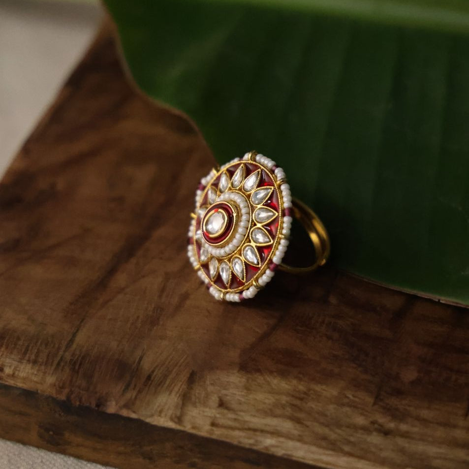 Sun Kundan Red Statement Ring