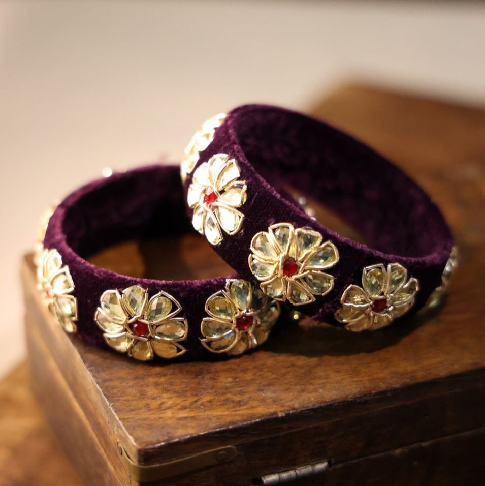 Purple Velvet & Kundan Flower Kada Pair