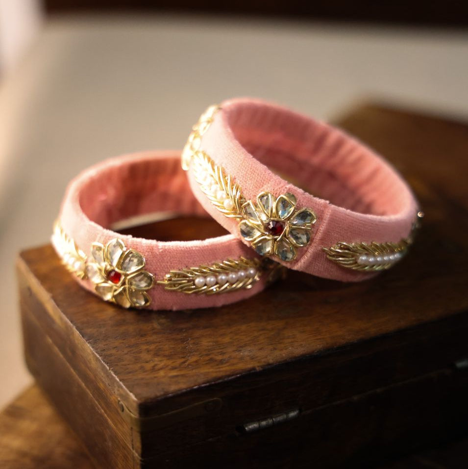 Pink Velvet & Kundan Flower Kada Pair