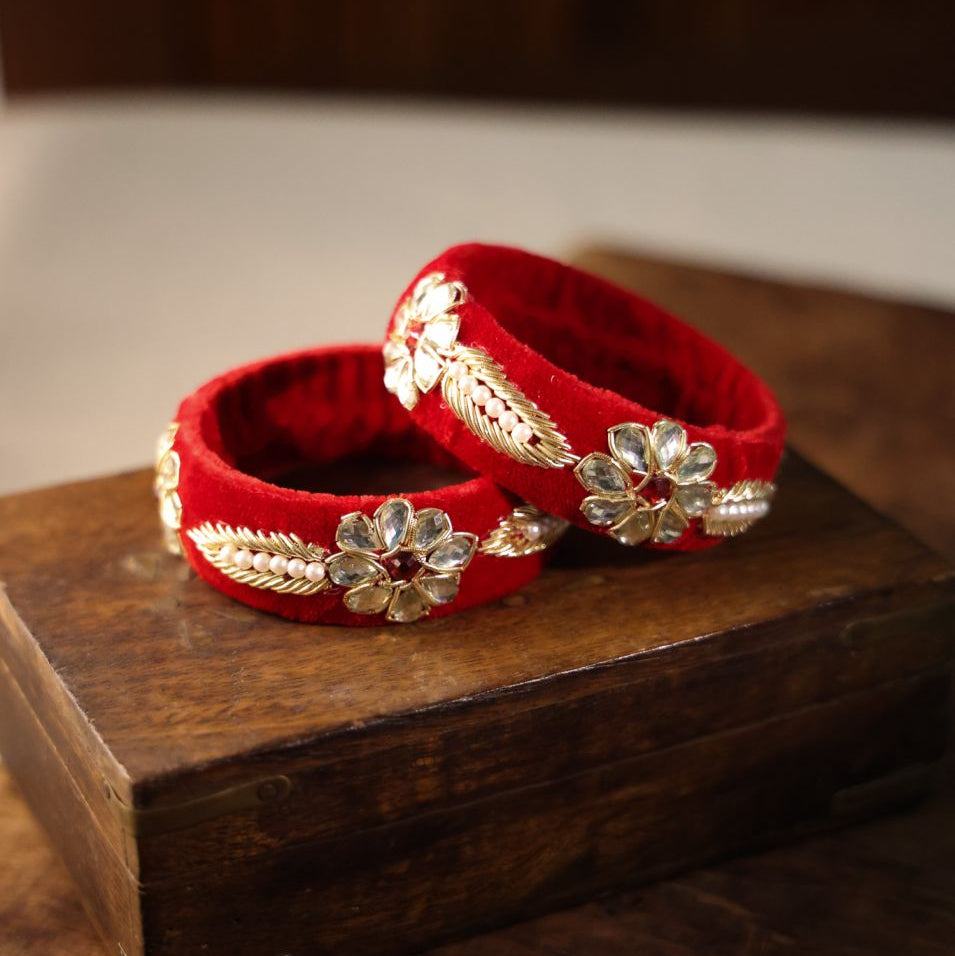 Bridal Red Velvet Kundan Kada Pair