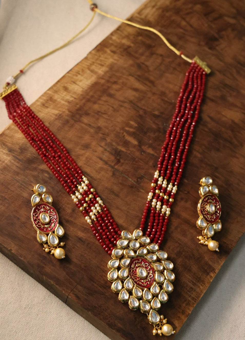 Ruby Beaded kundan Polki Pendant Set