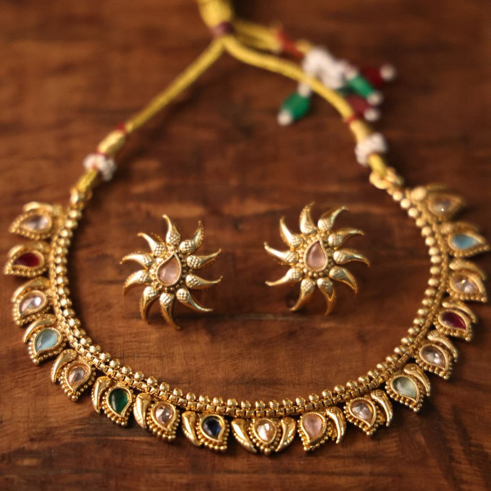 Multi-Stone Meenakari Petal Choker Set