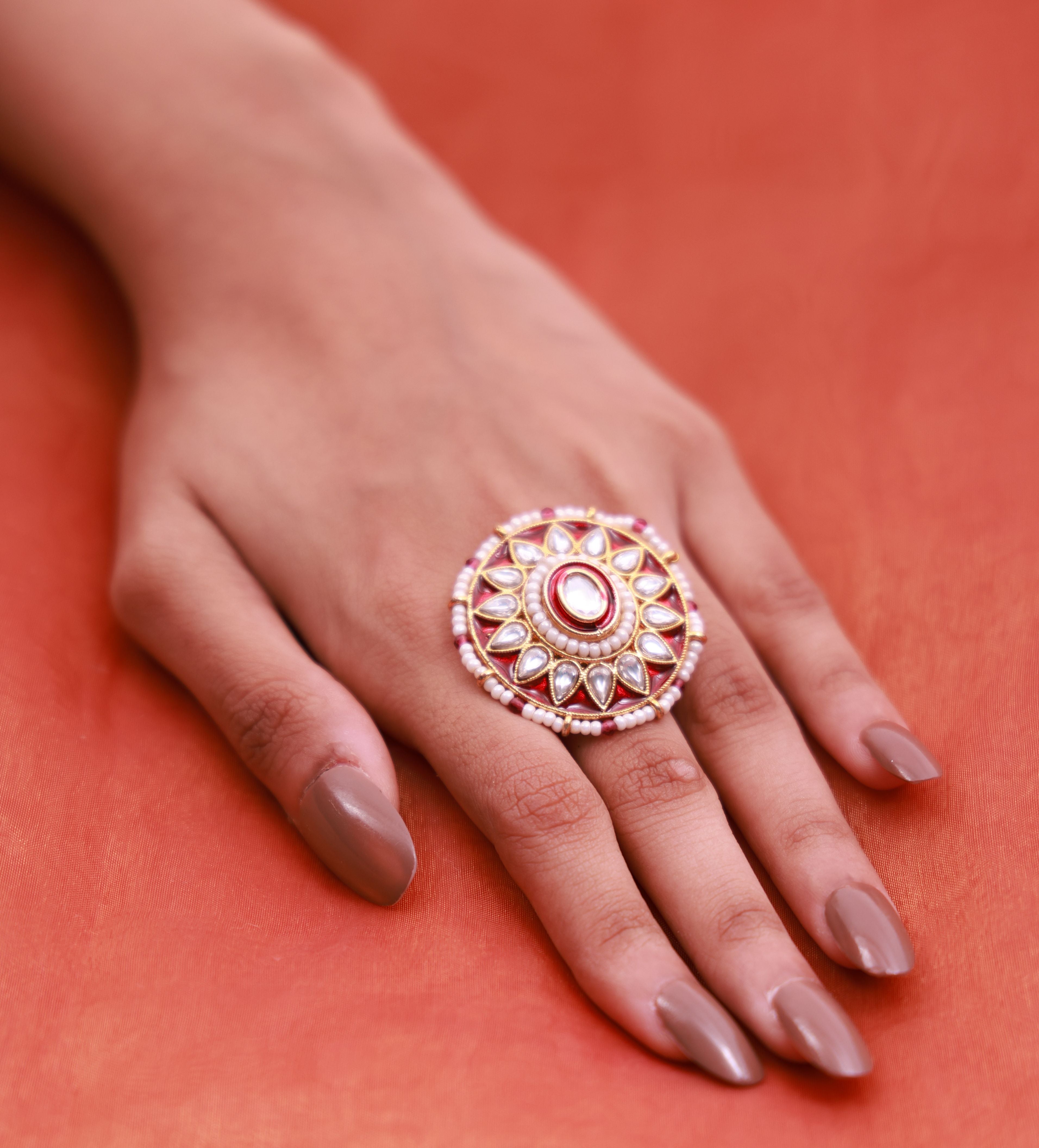 Sun Kundan Red Statement Ring
